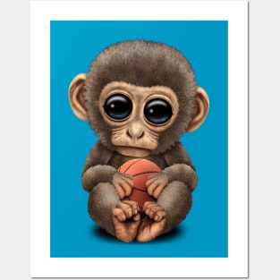 Cute Baby Monkey Playing With Basketball Posters and Art